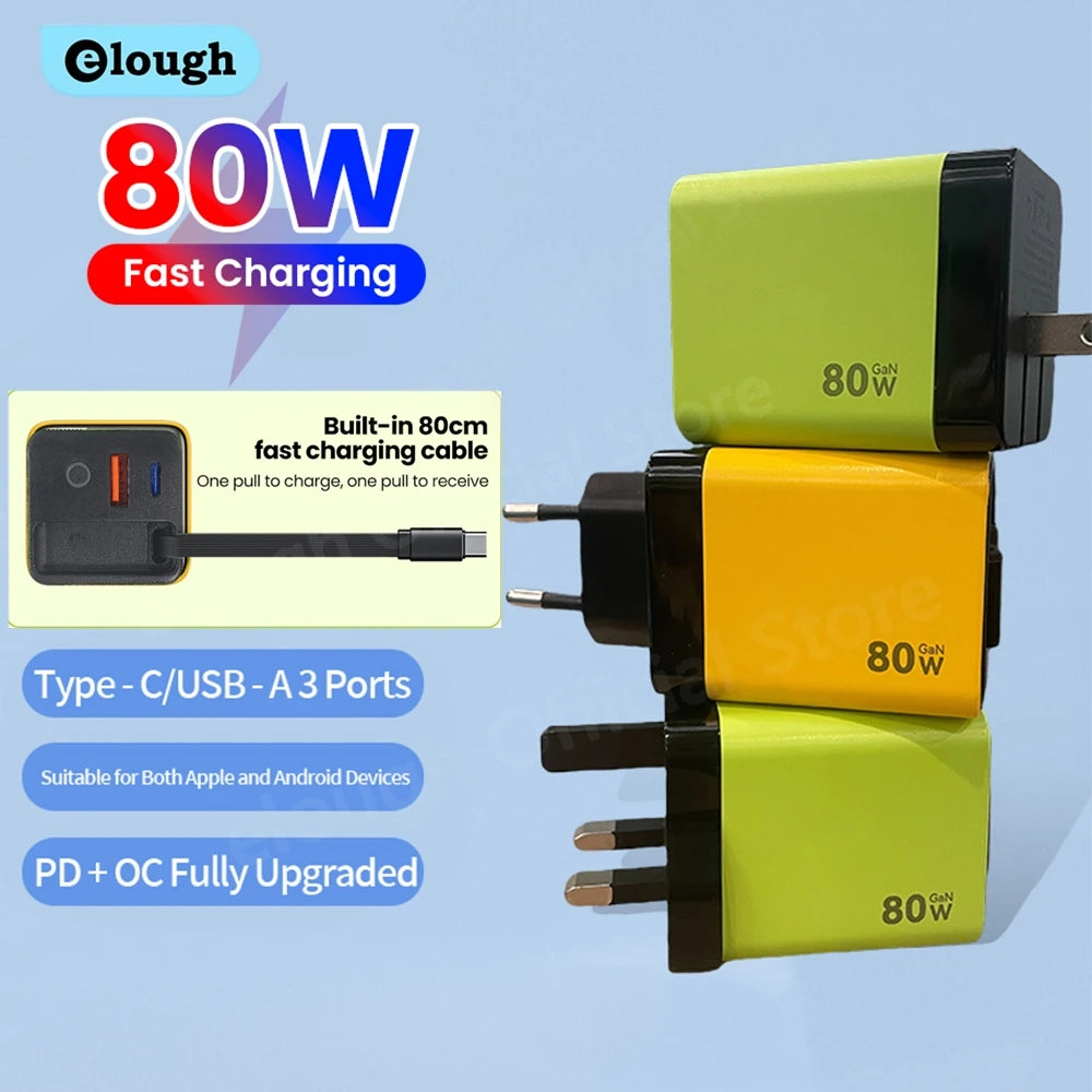 Elough 80W USB Type C Charger with Retractable Cable PD Fast Charger