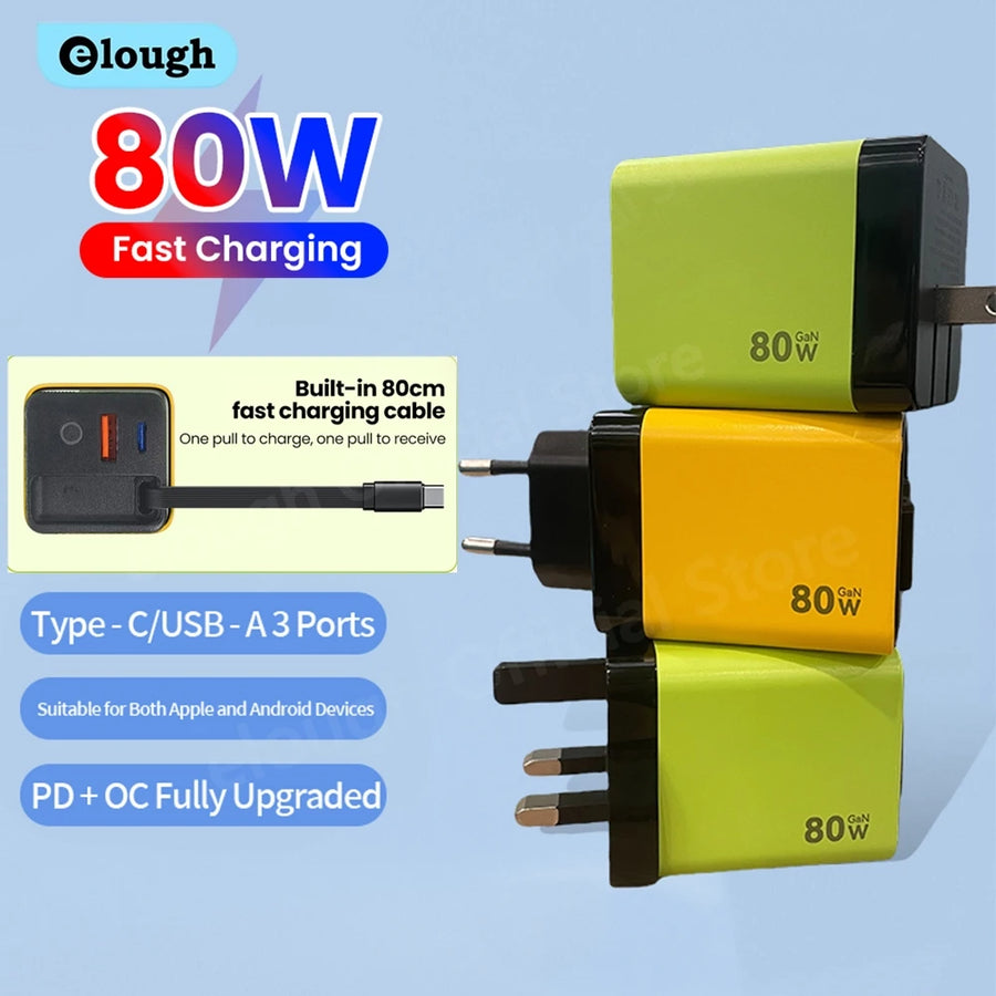 Elough 80W USB Type C Charger with Retractable Cable PD Fast Charger