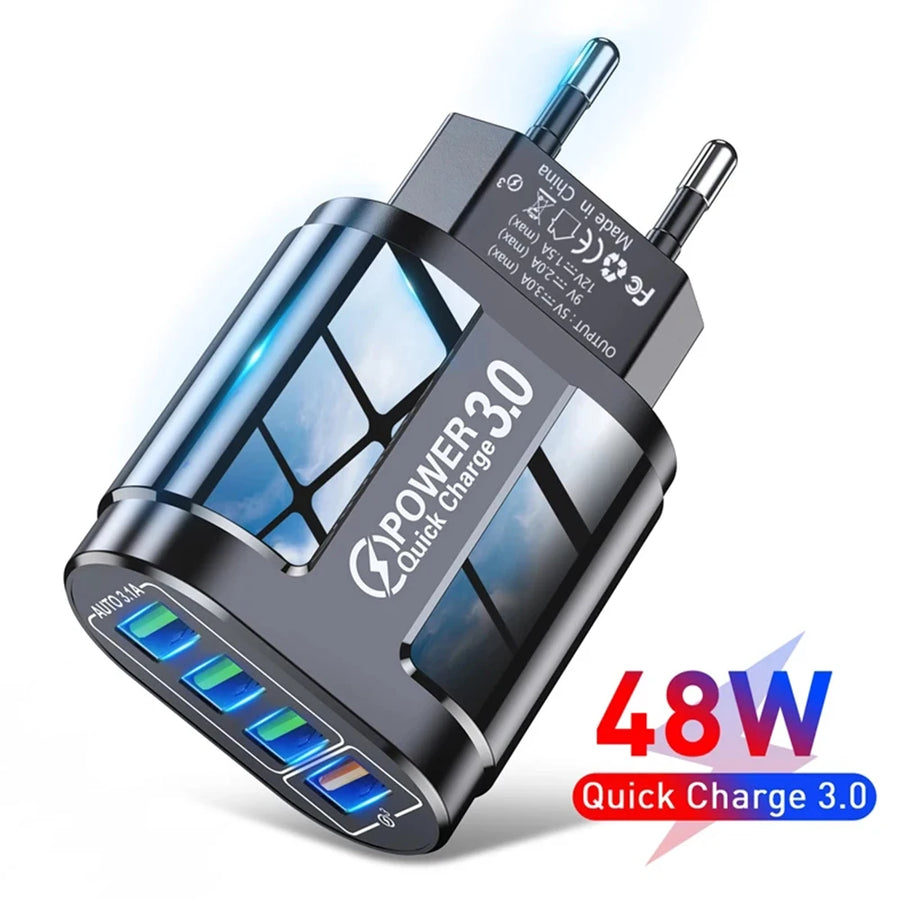 48W QC3.0 Quick Charger 4USB EU Standard Travel Portable 4 Port Fast Charger